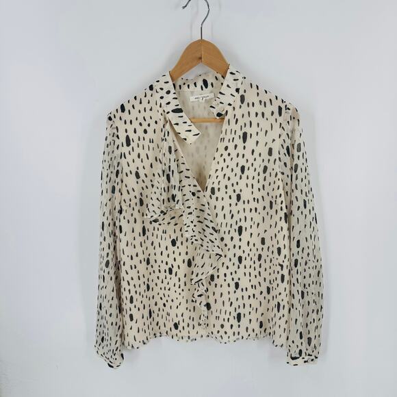 Avec Les Filles Cream Black Dot Ruffle Tie Neck Blouse Size Medium - Picture 8 of 8